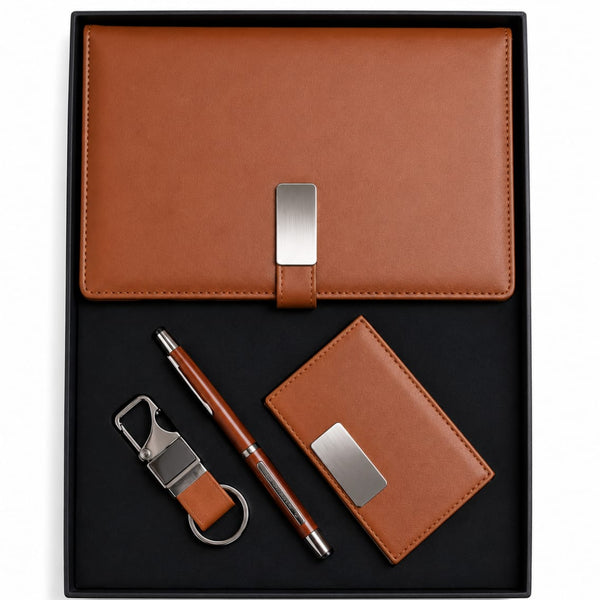 Brown Premium Gift Set (Diary, Card holder, key chain and pen) For Professional And Students