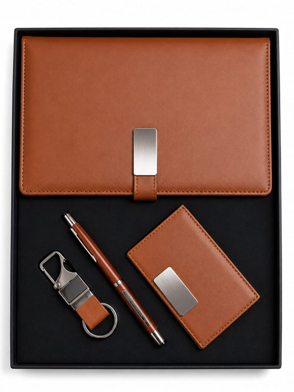 Brown Premium Gift Set (Diary, Card holder, key chain and pen) For Professional And Students